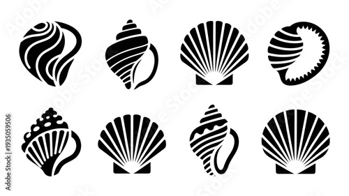 Eight diverse black silhouette seashell icons, including both spiral and fan-shaped designs from the ocean.