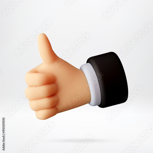 3D Hand showing thumb up sign in business suit. Approve, good, success or like gesture. Positive emotion for social media concept. Vector illustration