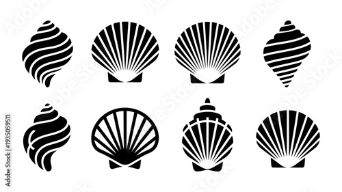 A collection of eight various black silhouette seashell icons, showcasing different types of marine life forms.
