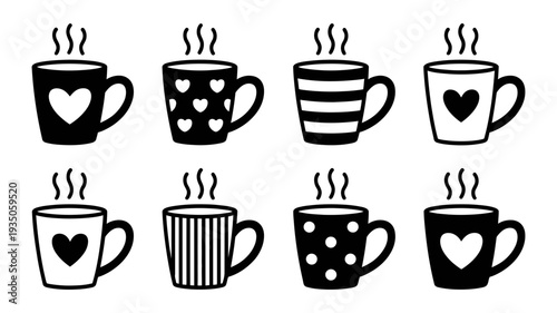 A group of eight artistic hot beverage mugs showcasing diverse black and white patterns including hearts and stripes.