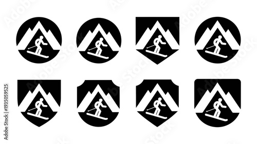 Various black and white skiing icons, showing skiers on mountains, enclosed in different shield and circular badges.