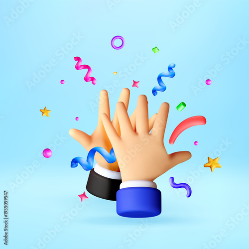 3D Two hands reaching high five gesture with colorful confetti. Celebration success and teamwork concept for business. 3d stock vector illustration design.