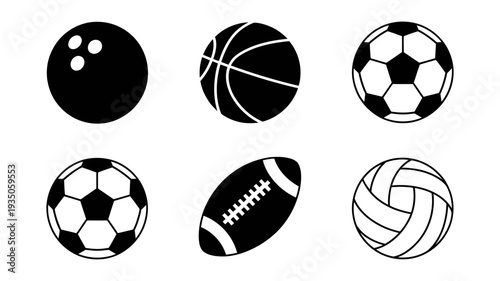 A versatile collection of six stylized black and white sports ball icons.