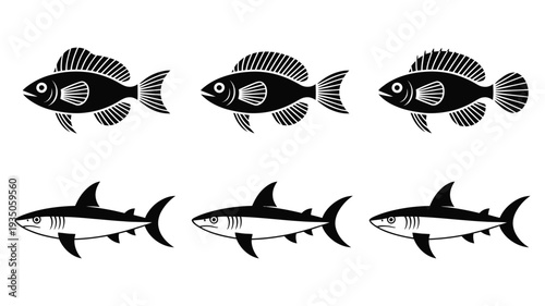 Six elegant black and white icons depicting various fish and powerful sharks.