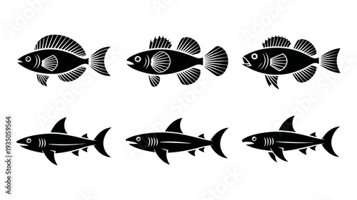 A set of six stylized black and white fish and shark icons.