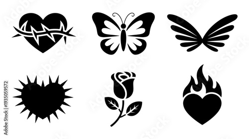 A striking collection of symbolic icons including a thorny heart, graceful butterfly, and a flaming heart.