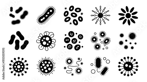 An extensive assortment of different types of bacteria and virus organisms, illustrating microbial diversity.