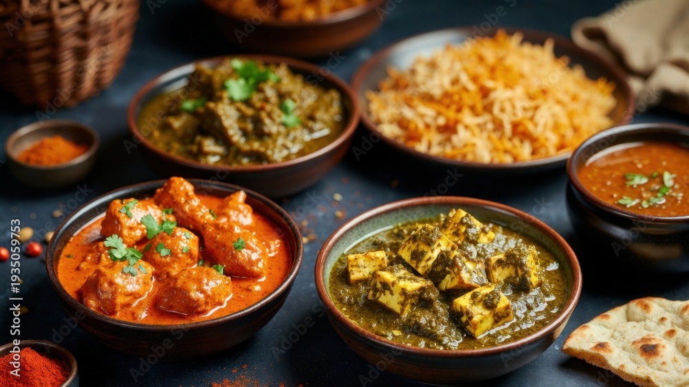 Fototapeta premium Variety of paneer and chicken curries arranged on rustic table setting.