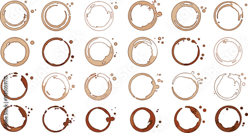 Coffee cup stain rings collection with realistic splashes and spilled drink marks, brown grunge mug marks isolated vector set for design elements