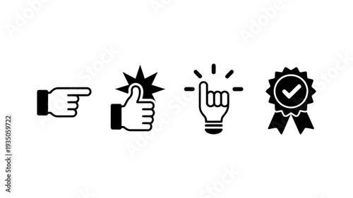 A dynamic quartet of black outline icons showcasing a pointing finger, a thumbs-up gesture, a pinky promise, and a certified quality seal.