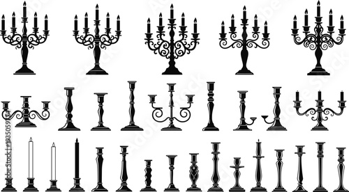 Set of black candlestick silhouettes, vintage candelabra icons, antique candle holder vector illustrations for gothic decor, wedding invitations, and classical interior design elements.
