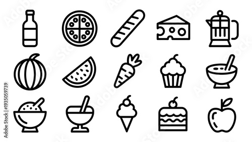 A rich array of fifteen outline icons depicting various food and beverage items ranging from fresh produce to prepared meals and desserts.