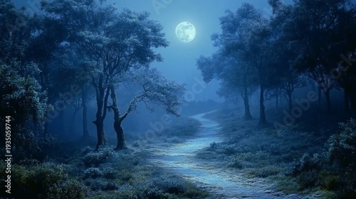 Mysterious dark forest at night with silhouetted trees and blue moonlight, eerie woodland path in a misty atmosphere