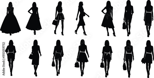 Set of black fashion model silhouettes, elegant woman posing icons, isolated female clothing vector illustrations for beauty branding, apparel design, and runway style.