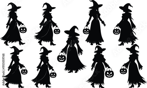 Collection of Halloween witch silhouettes holding jack o lantern buckets isolated on white background spooky costume illustration set for seasonal design projects