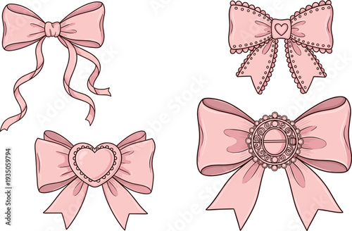 Pink decorative ribbon bows collection with elegant lace, heart brooch and vintage gift bows for wedding, invitation and romantic decoration vector set