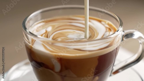 Creamy milk being poured into a clear glass cup of hot coffee