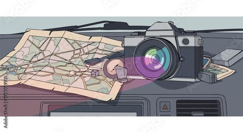 Vintage camera and map on car dashboard, planning a road trip adventure with photography