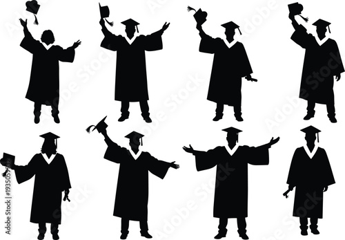 Set of black graduate silhouettes in academic gowns and caps celebrating graduation ceremony success, tossing hats and holding diplomas on white background vector.
