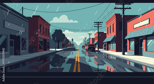 Rainy day in a small town street with reflections on wet asphalt and buildings