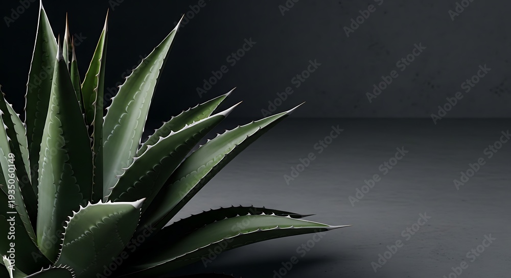 Fototapeta premium Close-up of a vibrant green aloe vera plant against a dark background, showcasing its sharp leaves.