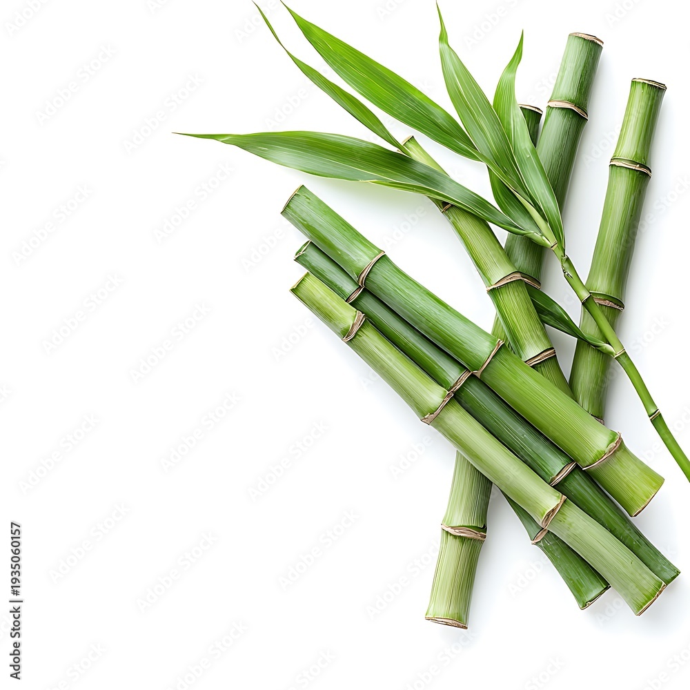 Fototapeta premium Fresh Green Bamboo Sticks with Bright Green Leaves on White Background for Nature Decor