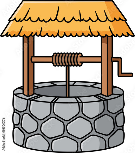 Traditional Water Well with Wooden Roof and Stone Base Rustic Village Well Bucket Mechanism Cartoon Vector Illustration