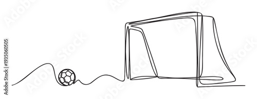 Minimalist continuous line drawing of a soccer ball approaching a goal, perfect for sports event promotions, athletic club branding, and gamerelated marketing materials.