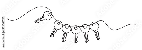 Continuous line drawing of multiple house keys symbolizing security and property management, perfect for real estate, locksmith services, or home ownership concepts.