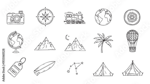 Wanderlust inspired voyage and exploration symbols like a camera, compass, train, world globe, mountain, palm tree, hot air balloon, surfboard, and camping tent for adventure themed graphic