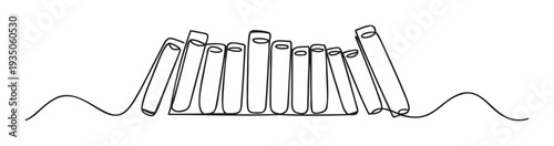 Continuous line drawing of a row of books on a shelf with a minimalist aesthetic, perfect for educational materials, literary blogs, and publishing industry promotions.