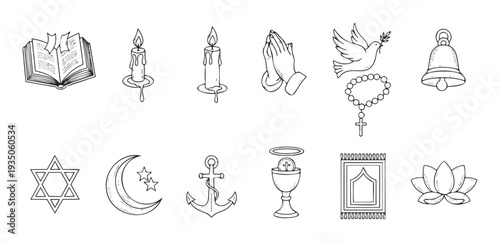 Diverse collection of spiritual and religious line icons representing various faiths and beliefs, ideal for educational content, greeting items, or thematic graphic projects promoting