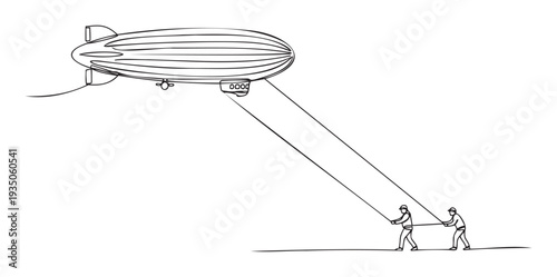 Two dedicated ground workers pulling control ropes tethered to a large airborne blimp or airship symbolizing human effort and collaborative teamwork for challenging tasks and operations