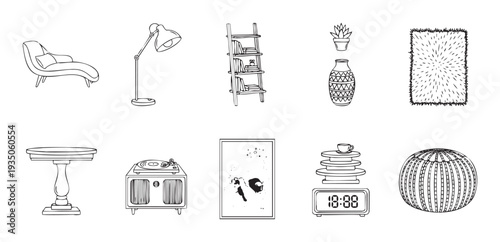 A collection of contemporary living room furniture and home decor items presented as outline drawings for interior design projects and web applications