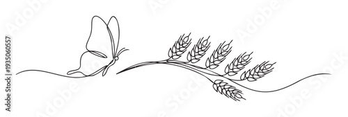 Elegant continuous line drawing featuring a delicate butterfly connected to a ripe grain plant, suitable for ecofriendly product labels, farmtotable marketing, or environmental awareness