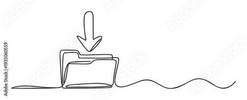 Continuous line drawing illustrating file downloading into folders with an arrow, perfect for use in technology education, business presentations, or digital workflow explanations.