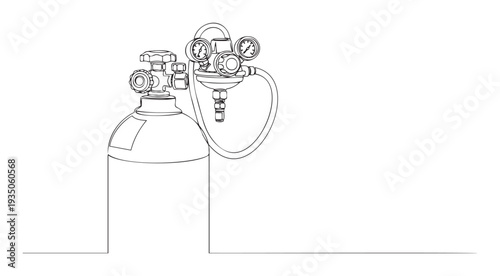 Continuous line drawing of a gas storage cylinder with a precise pressure reducing valve and measurement gauges, valuable for technical diagrams, safety training, and engineering