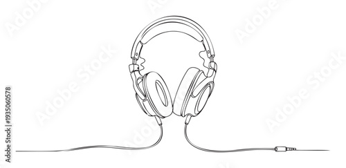 Monochromatic continuous line drawing of modern overear headphones connected by a flexible audio cable ending in a standard 3.5mm jack perfect for music streaming and sound technology