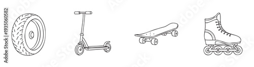Simple black and white line drawings of essential wheeled recreational equipment including a tire, kick scooter, skateboard, and inline roller skate for sports catalogs or educational