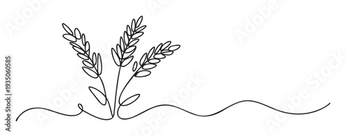 Stylish single line drawing of three wheat ears with a graceful wavy stem, ideal for packaging, healthy food labels, agricultural industry branding, or ecofriendly product designs