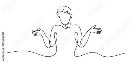 A single continuous line drawing of a person shrugging with open palms, expressing doubt, indecision, or a lack of knowledge, ideal for modern graphic communication.