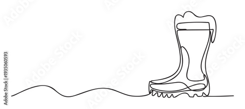Continuous line drawing of a rubber boot for gardening or rainy weather, perfect for seasonal promotions, outdoor activity guides, or clean visual presentations.