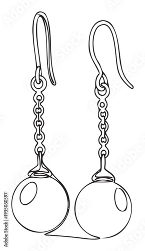 Elegant pair of dangle earrings featuring spherical charms and chain links depicted in a minimalist single line drawing style, perfect for accessory showcases or fashionrelated projects.