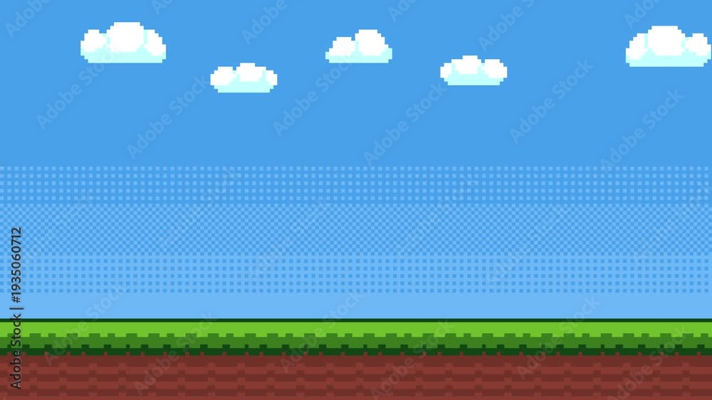 8-bit pixel art 2d platformer game style background. blue sky, clouds ...
