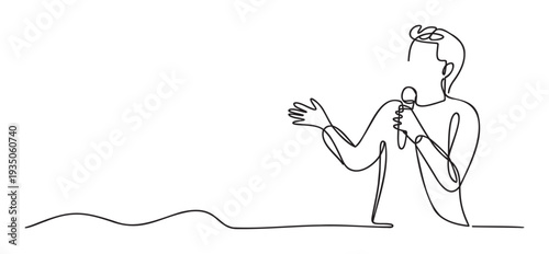 Dynamic line drawing of a speaker holding a microphone and gesturing, perfect for presentations, event promotions, or communicationrelated visual content.