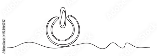 Minimalist one line graphic depicting a universal power switch icon and an energetic ripple, suitable for modern web interfaces, digital product manuals, and electricity themed projects.