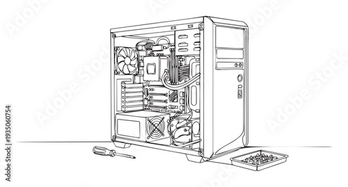 Line drawing of an open computer tower displaying internal components such as motherboard, fan, and power supply, with a screwdriver and screws, suitable for technical diagrams and repair