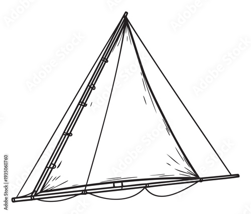 Black line drawing of a triangular sailboat sail with mast and boom, perfect for maritime education materials, marine sports guides, and ocean travel infographics.