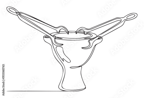 A continuous line drawing depicting a minimalist mortar and pestle set, symbolizing simplicity and culinary elegance, perfect for kitchenware branding or modern lifestyle blog graphics.