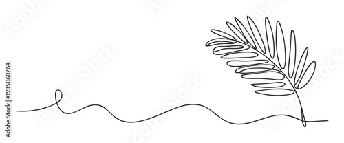 Continuous line drawing of a delicate tropical palm leaf with a flowing wavy stem ideal for modern botanical decor, invitations, greeting cards, or website background applications.